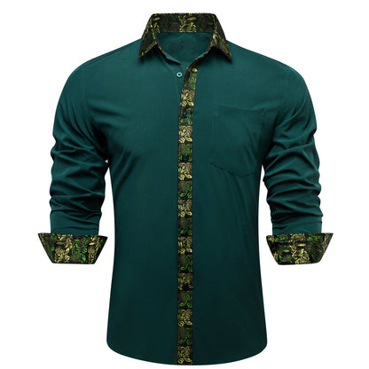 Dark Green With Yellow Green Floral Edge Dress Shirt shirt S   - Sophisticated Gentlemen