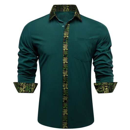Dark Green With Yellow Green Floral Edge Dress Shirt shirt S   - Sophisticated Gentlemen