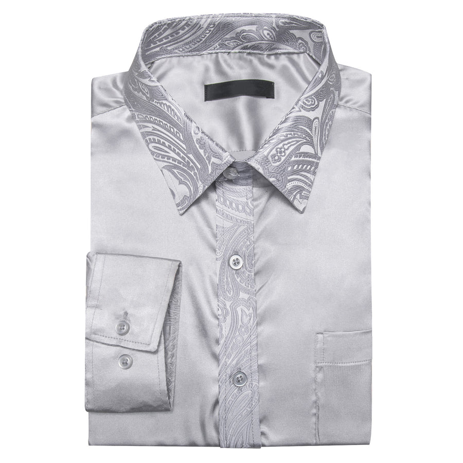 Gray Solid With White Paisley Edge Dress Shirt shirt    - Sophisticated Gentlemen
