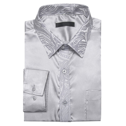 Gray Solid With White Paisley Edge Dress Shirt shirt    - Sophisticated Gentlemen