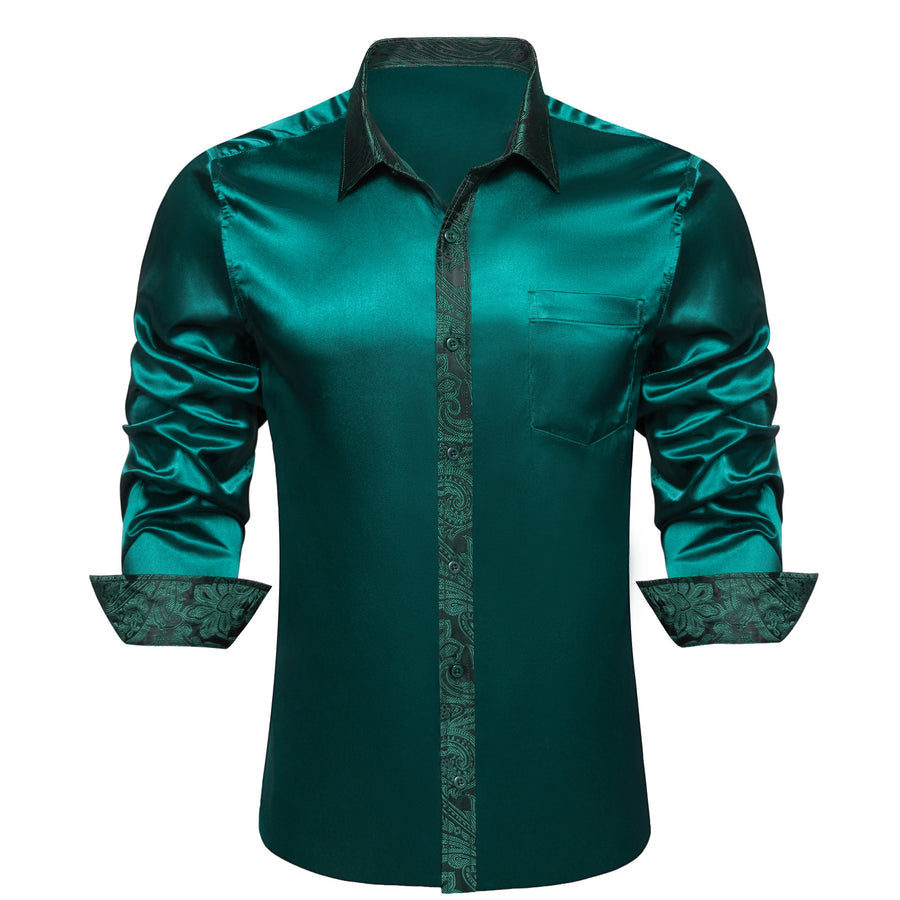 Sapphire Pine Green Solid With Paisley Edge Dress Shirt shirt S   - Sophisticated Gentlemen