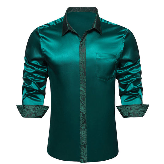 Sapphire Pine Green Solid With Paisley Edge Dress Shirt shirt S   - Sophisticated Gentlemen