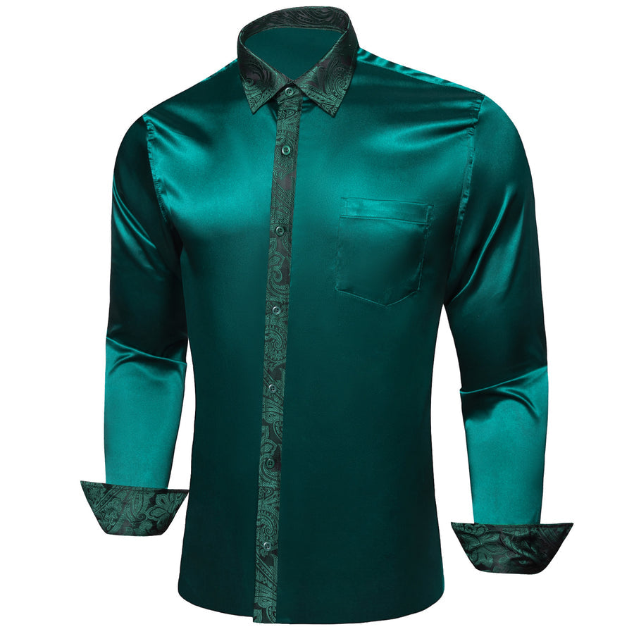 Sapphire Pine Green Solid With Paisley Edge Dress Shirt shirt    - Sophisticated Gentlemen