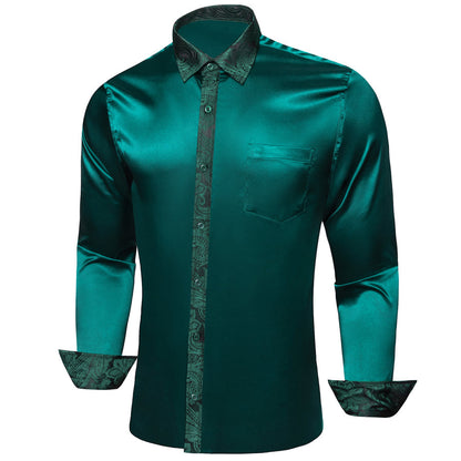 Sapphire Pine Green Solid With Paisley Edge Dress Shirt shirt    - Sophisticated Gentlemen