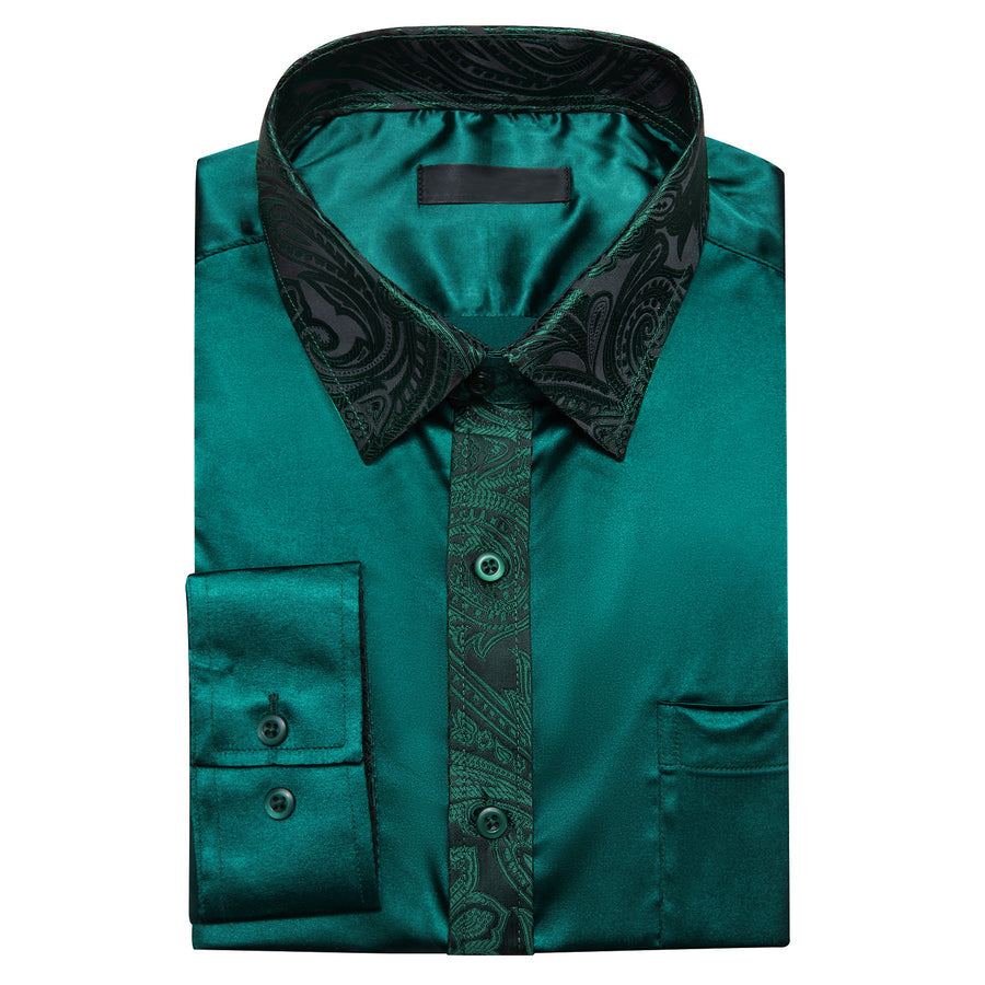 Sapphire Pine Green Solid With Paisley Edge Dress Shirt shirt    - Sophisticated Gentlemen