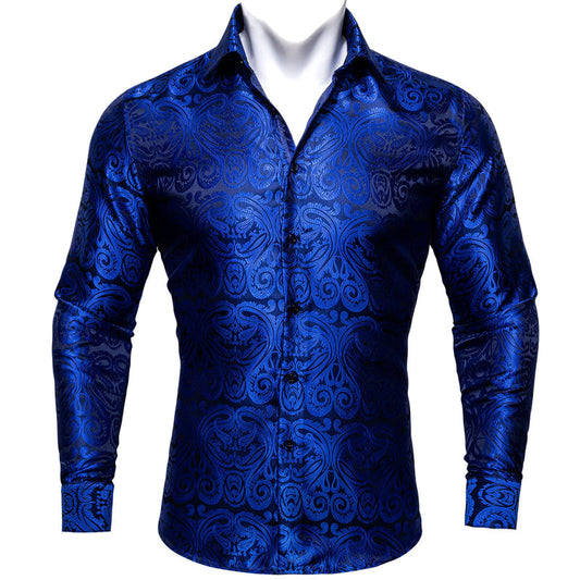Klein Blue Floral Silk Dress Shirt shirt S   - Sophisticated Gentlemen