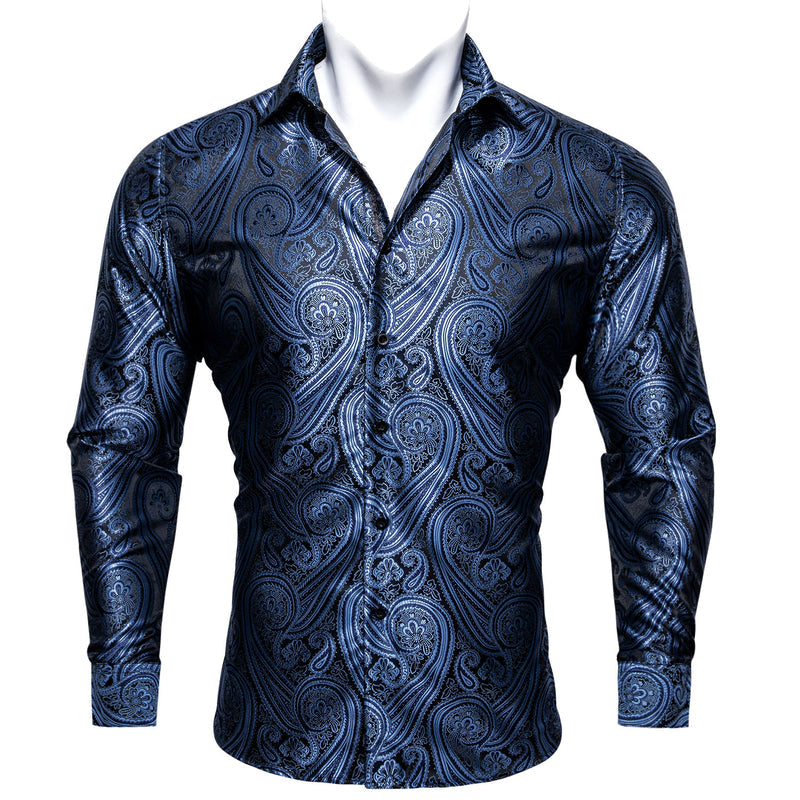 Gray Blue Paisley Style Silk Dress Shirt shirt S   - Sophisticated Gentlemen