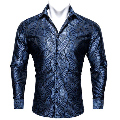 Gray Blue Paisley Style Silk Dress Shirt shirt S   - Sophisticated Gentlemen