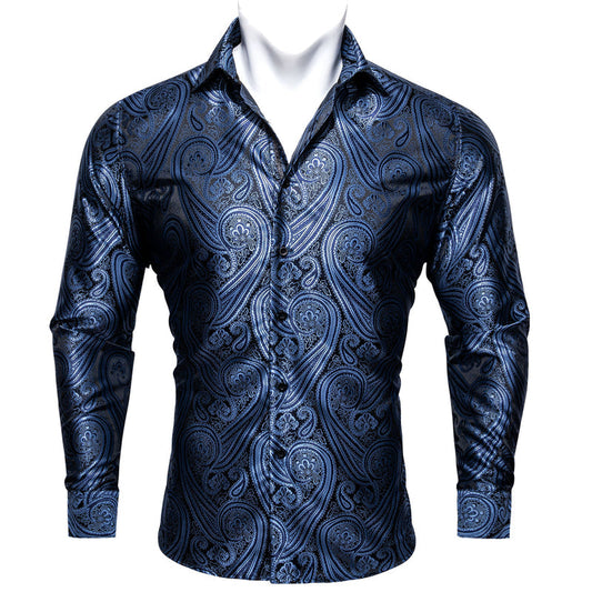 Gray Blue Paisley Style Silk Dress Shirt shirt S   - Sophisticated Gentlemen