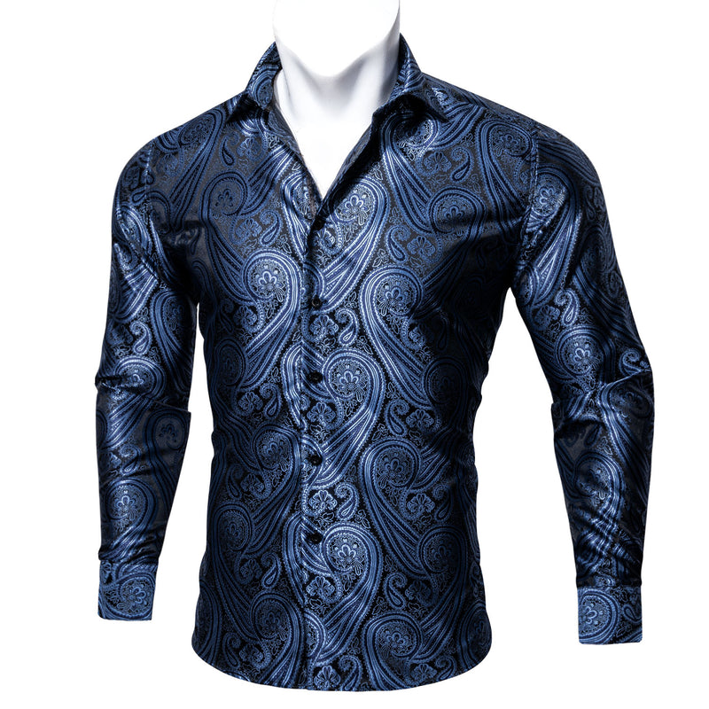 Gray Blue Paisley Style Silk Dress Shirt shirt    - Sophisticated Gentlemen