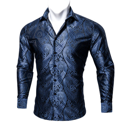 Gray Blue Paisley Style Silk Dress Shirt shirt    - Sophisticated Gentlemen