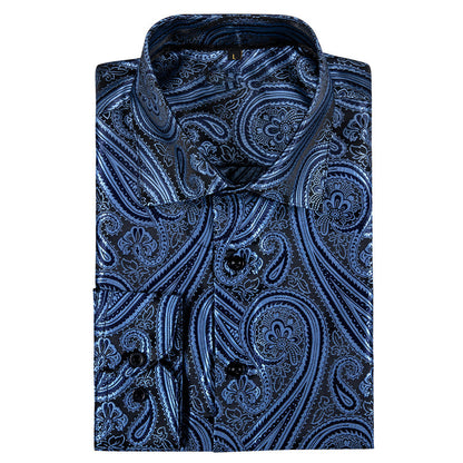 Gray Blue Paisley Style Silk Dress Shirt shirt    - Sophisticated Gentlemen