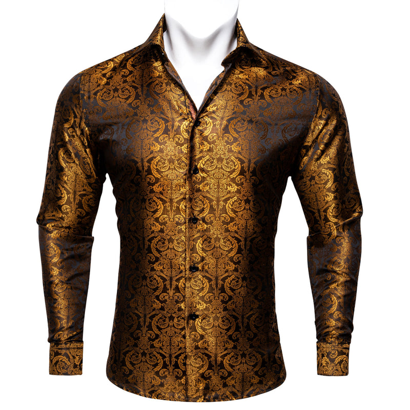 Golden Brown Paisley Style Silk Dress Shirt shirt S   - Sophisticated Gentlemen