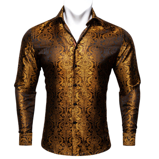 Golden Brown Paisley Style Silk Dress Shirt shirt S   - Sophisticated Gentlemen