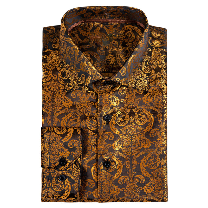 Golden Brown Paisley Style Silk Dress Shirt shirt    - Sophisticated Gentlemen