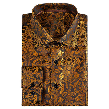 Golden Brown Paisley Style Silk Dress Shirt shirt    - Sophisticated Gentlemen