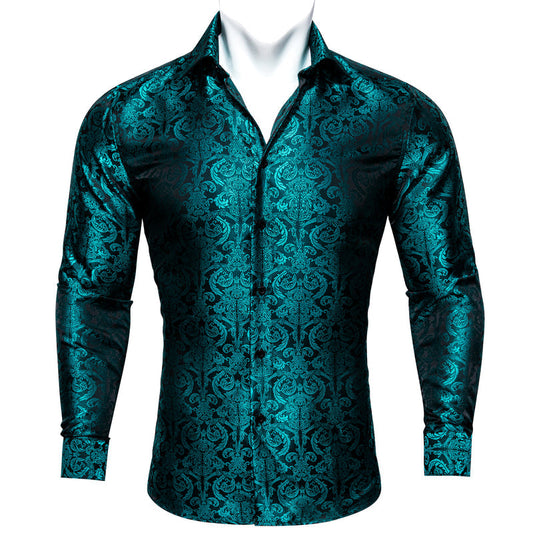 Lake Blue Paisley Style Silk Dress Shirt shirt S   - Sophisticated Gentlemen