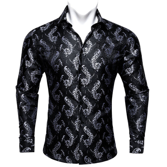 Black White Floral Style Silk Dress Shirt shirt S   - Sophisticated Gentlemen