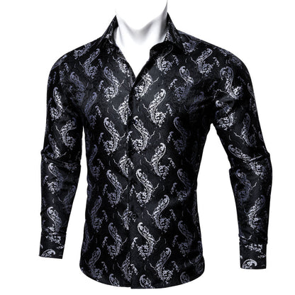 Black White Floral Style Silk Dress Shirt shirt    - Sophisticated Gentlemen
