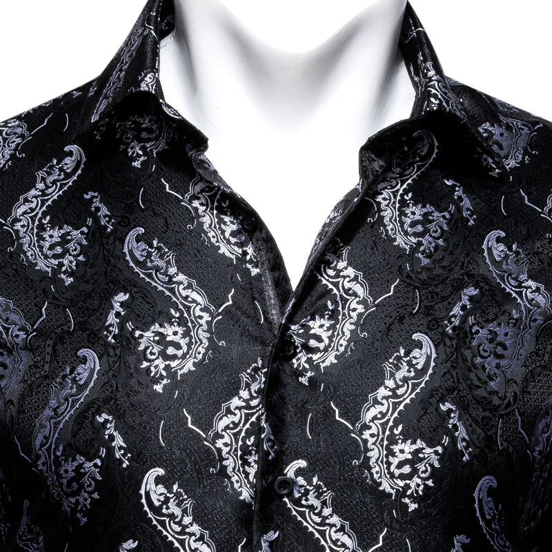 Black White Floral Style Silk Dress Shirt shirt    - Sophisticated Gentlemen