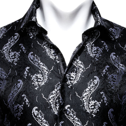 Black White Floral Style Silk Dress Shirt shirt    - Sophisticated Gentlemen