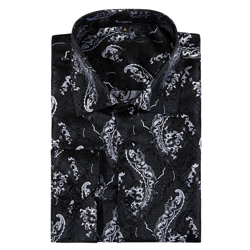 Black White Floral Style Silk Dress Shirt shirt    - Sophisticated Gentlemen
