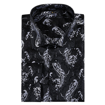 Black White Floral Style Silk Dress Shirt shirt    - Sophisticated Gentlemen