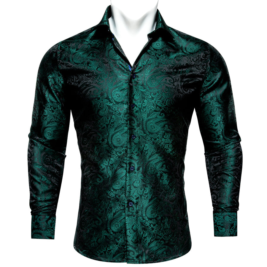 Black Green Paisley Silk Dress Shirt shirt S   - Sophisticated Gentlemen