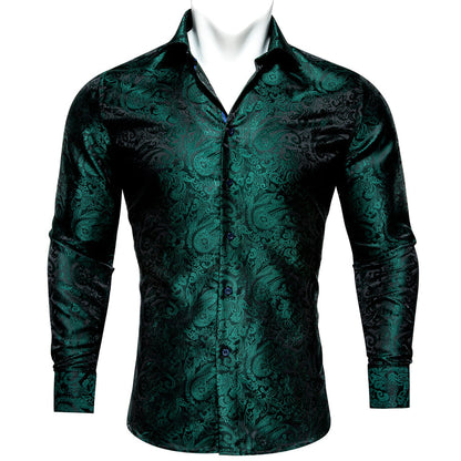 Black Green Paisley Silk Dress Shirt shirt S   - Sophisticated Gentlemen