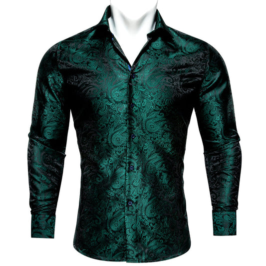 Black Green Paisley Silk Dress Shirt shirt S   - Sophisticated Gentlemen