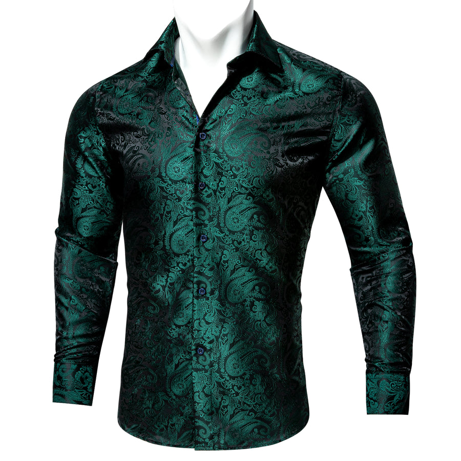 Black Green Paisley Silk Dress Shirt shirt    - Sophisticated Gentlemen