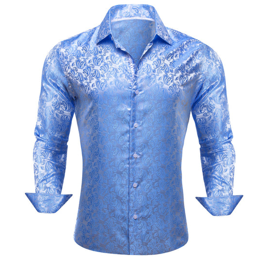 Baby Blue Paisley Style Silk Dress Shirt shirt S   - Sophisticated Gentlemen
