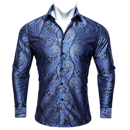Silver Blue Paisley Style Silk Dress Shirt shirt S   - Sophisticated Gentlemen
