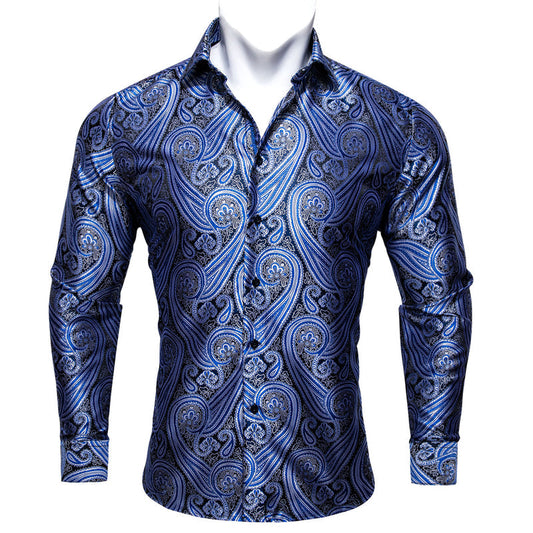 Silver Blue Paisley Style Silk Dress Shirt shirt S   - Sophisticated Gentlemen