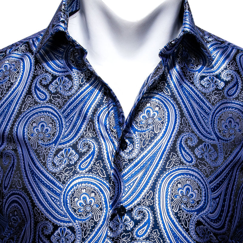 Silver Blue Paisley Style Silk Dress Shirt shirt    - Sophisticated Gentlemen