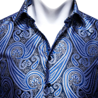 Silver Blue Paisley Style Silk Dress Shirt shirt    - Sophisticated Gentlemen
