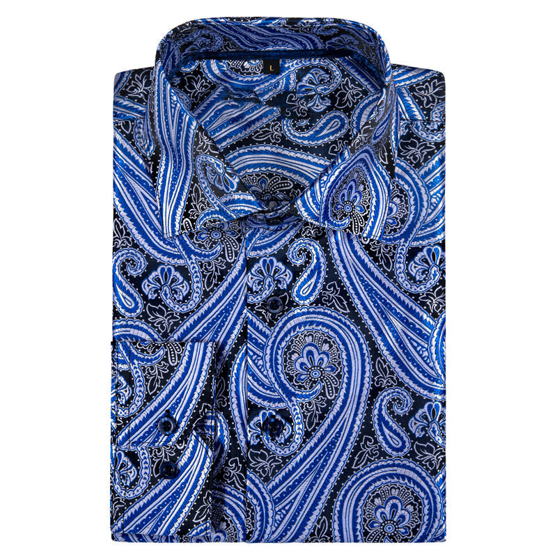 Silver Blue Paisley Style Silk Dress Shirt shirt    - Sophisticated Gentlemen