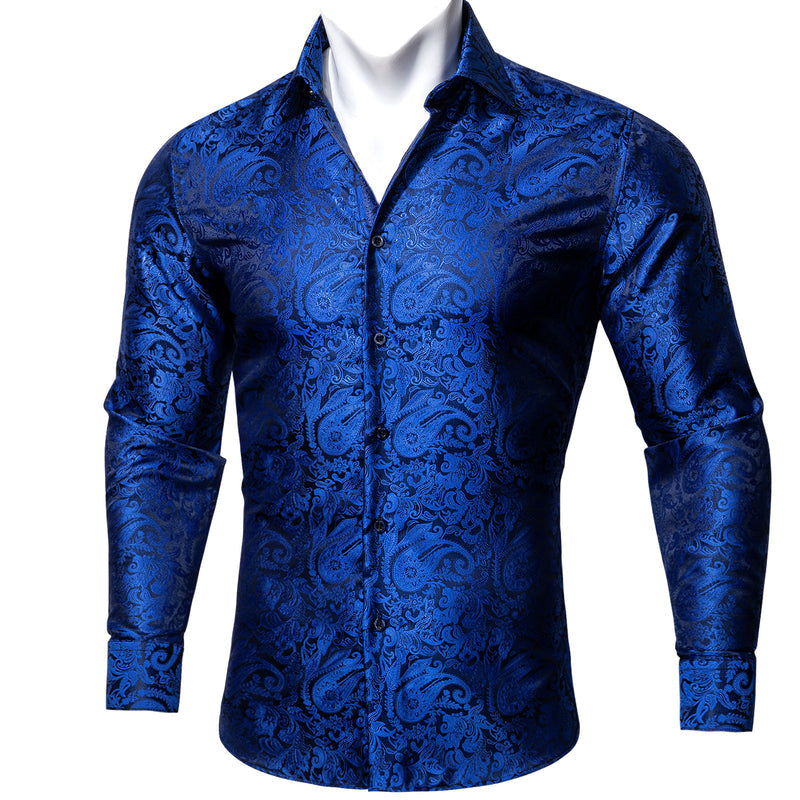 Dark Blue Paisley Style Silk Dress Shirt shirt S   - Sophisticated Gentlemen