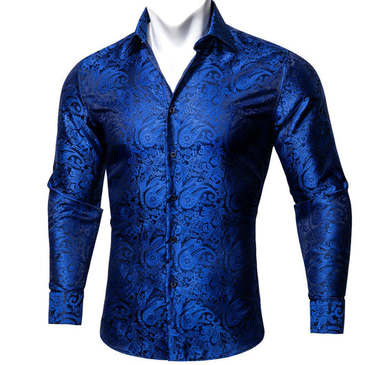 Dark Blue Paisley Style Silk Dress Shirt shirt S   - Sophisticated Gentlemen