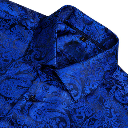 Dark Blue Paisley Style Silk Dress Shirt shirt    - Sophisticated Gentlemen