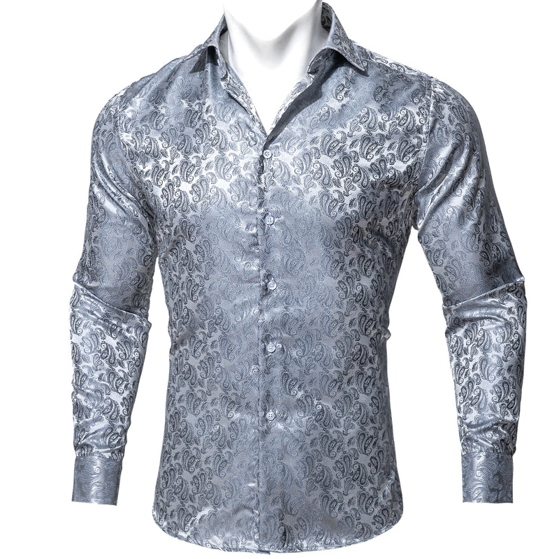 Silver Gray Paisley Style Silk Dress Shirt shirt S   - Sophisticated Gentlemen