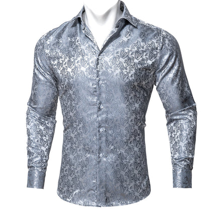 Silver Gray Paisley Style Silk Dress Shirt shirt S   - Sophisticated Gentlemen