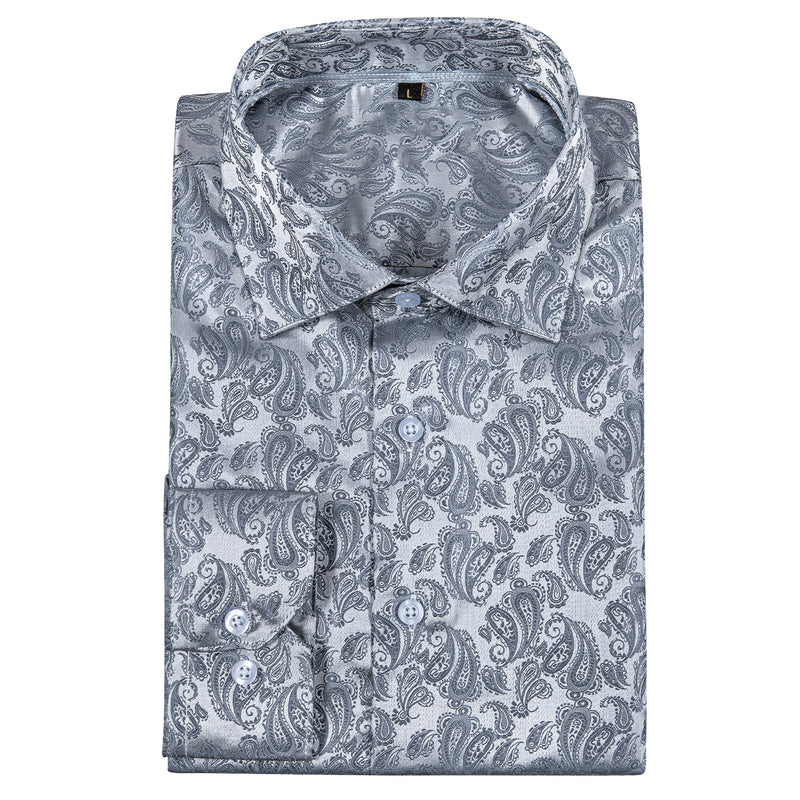 Silver Gray Paisley Style Silk Dress Shirt shirt    - Sophisticated Gentlemen