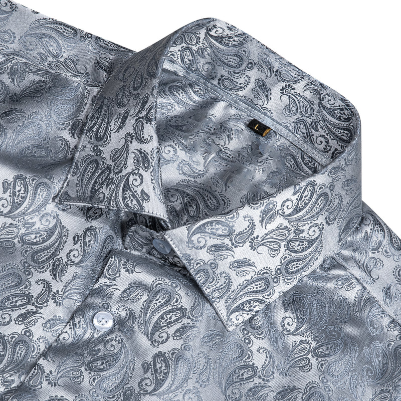 Silver Gray Paisley Style Silk Dress Shirt shirt    - Sophisticated Gentlemen