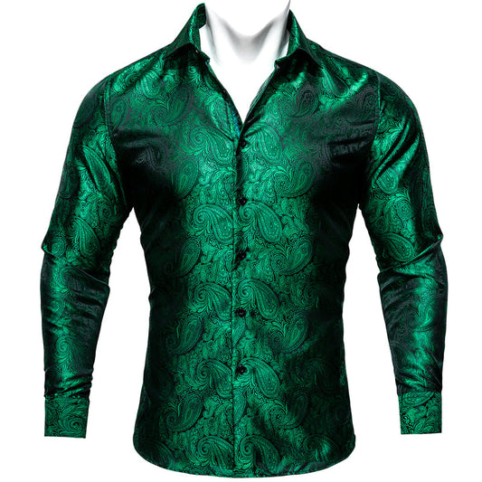 Green Paisley Style Silk Dress Shirt shirt S   - Sophisticated Gentlemen