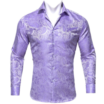 Silver Purple Paisley Style Silk Dress Shirt shirt S   - Sophisticated Gentlemen
