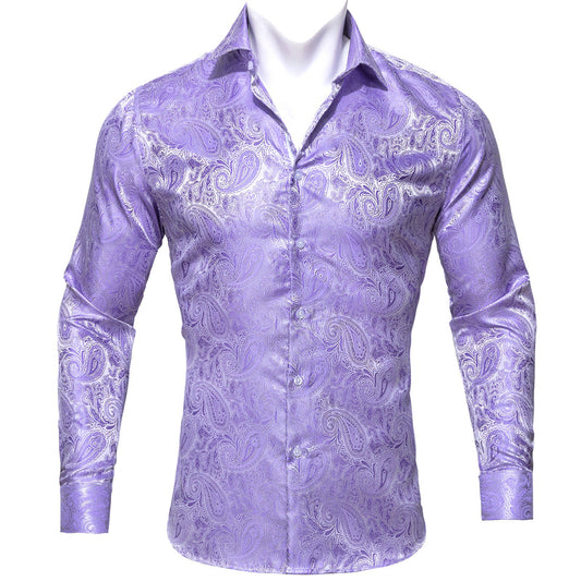 Silver Purple Paisley Style Silk Dress Shirt shirt S   - Sophisticated Gentlemen