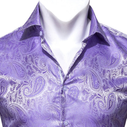 Silver Purple Paisley Style Silk Dress Shirt shirt    - Sophisticated Gentlemen