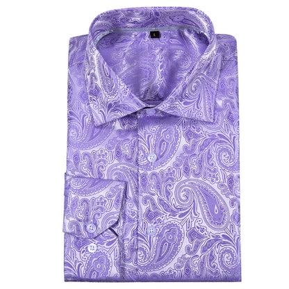 Silver Purple Paisley Style Silk Dress Shirt shirt    - Sophisticated Gentlemen