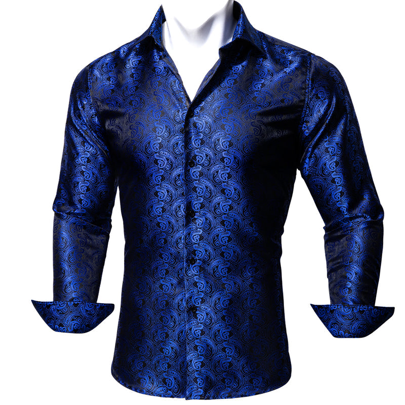 Black Blue Paisley Style Silk Dress Shirt shirt S   - Sophisticated Gentlemen